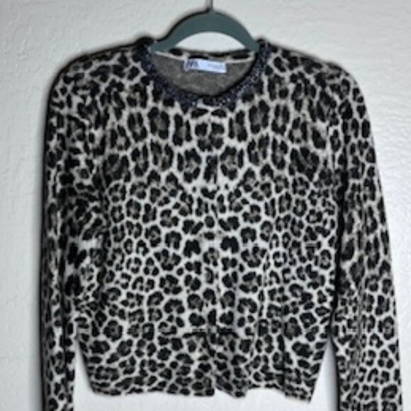 Zara Leopard Cardigan with Beaded Neckline - Picture 2 of 8